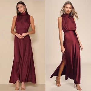 NWT LULUS Burgundy Satin Mockneck Sleeveless Formal Wedding Guest Maxi Gown XL